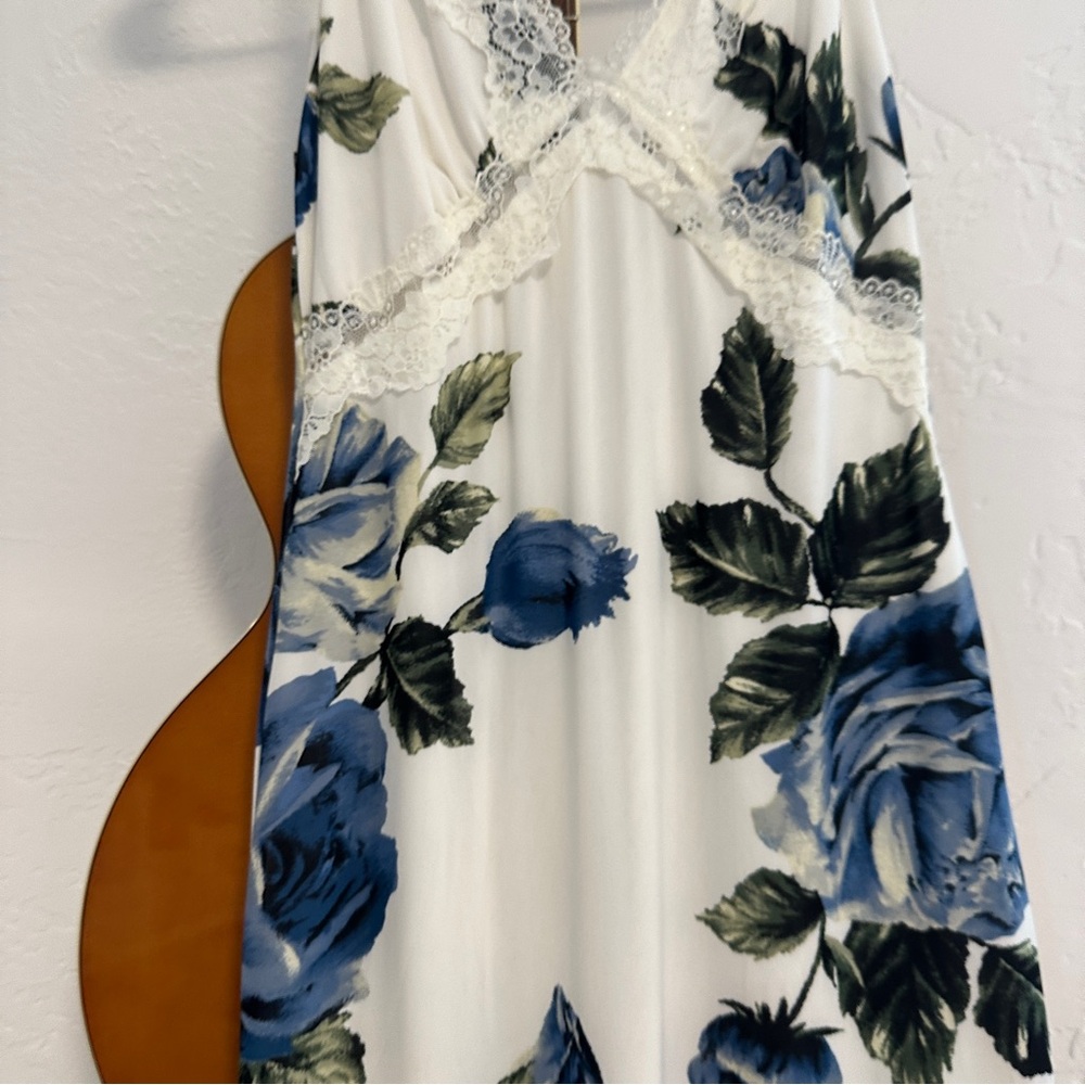 White Maxi Slip Dress with Blue Floral Print - Picture 4 of 7